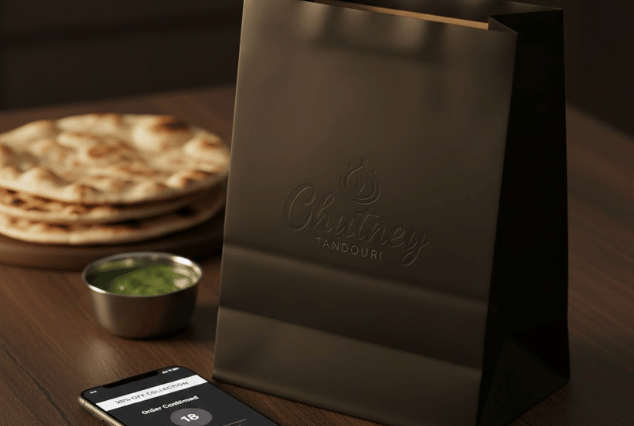 Chutney Tandoori takeaway packaging with online order collection offer in Canvey Island