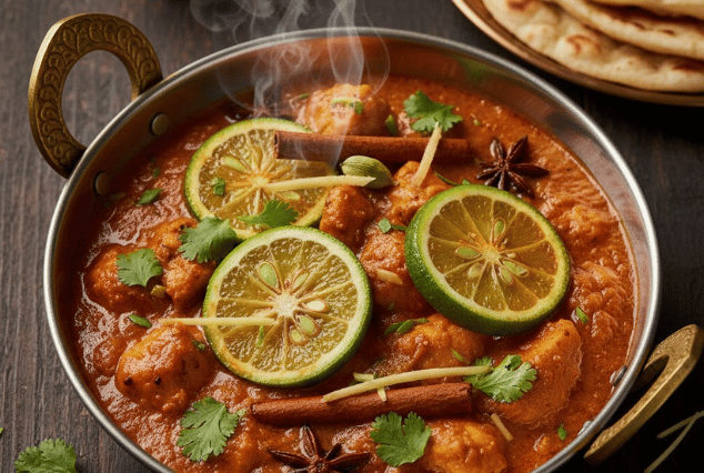 Authentic Satkora Special curry with citrus slices and fresh coriander at Chutney Tandoori, Canvey Island High Street.