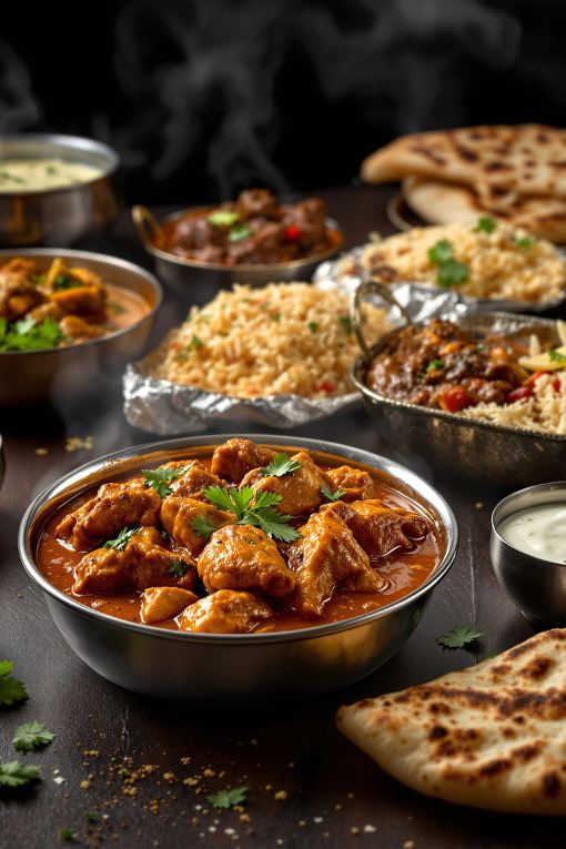 Authentic Indian takeaway food with chicken tikka masala, lamb curry, basmati rice and naan bread in Canvey Island