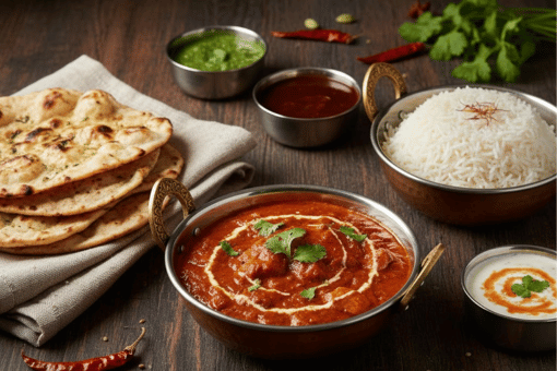 Indian takeaway dishes with curry, basmati rice and naan bread in Canvey Island